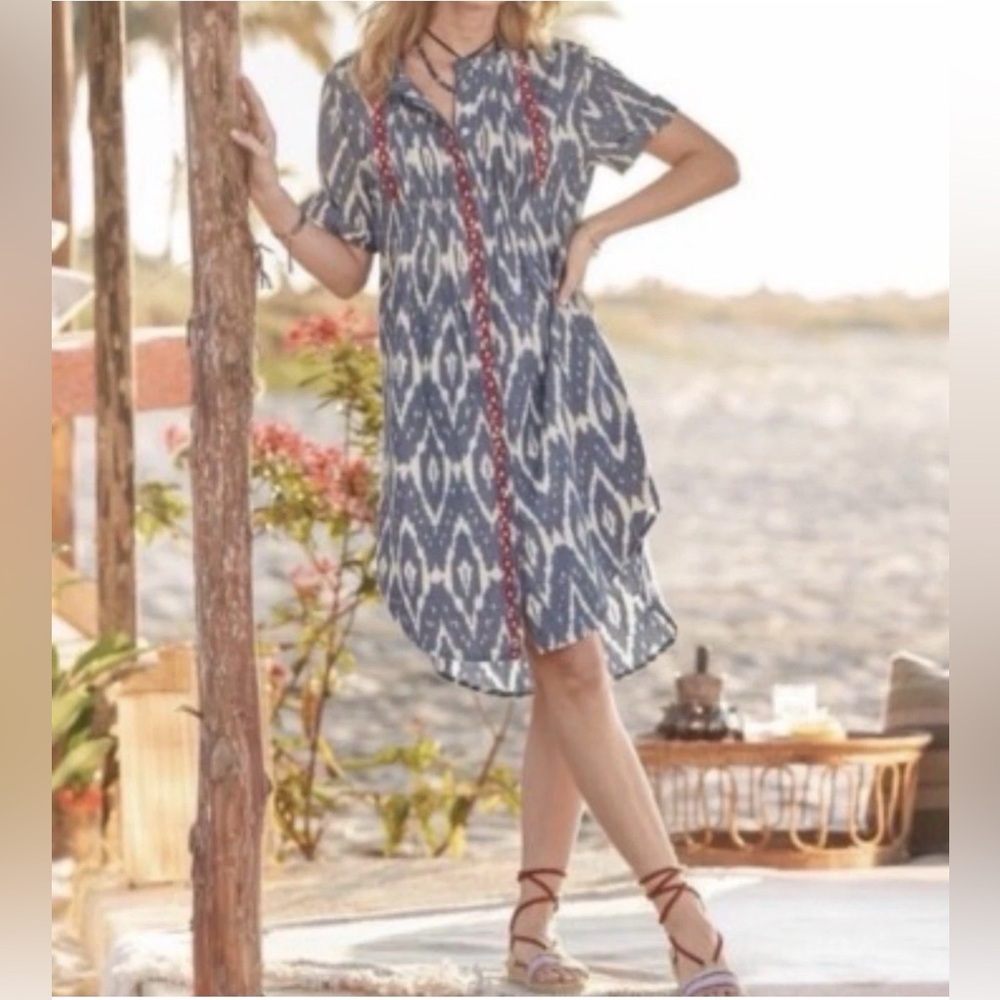 Sundance Isabel Ikat Shift Dress Embroidered Ruffle Neck Button Up Small Coastal